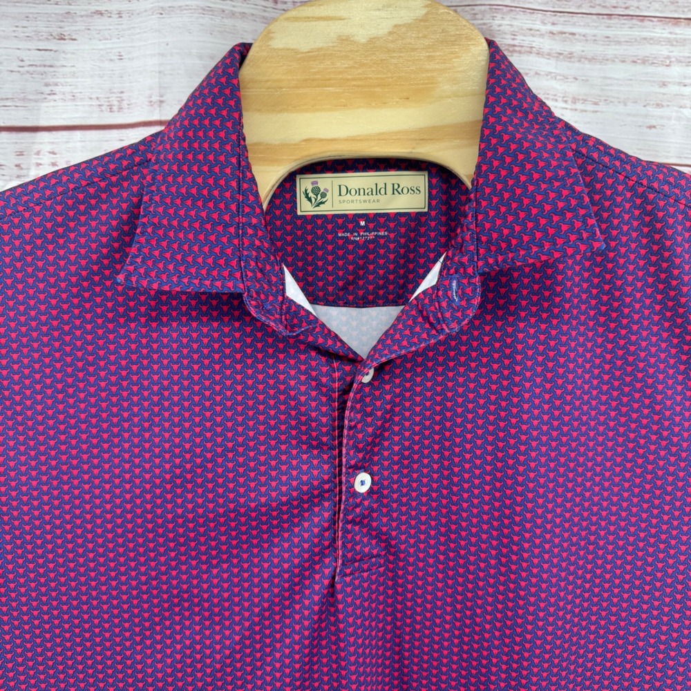 Donald Ross Polo Shirt Mens Medium Purple Red Bull Head Print Performance Golf